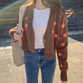 Polka-dot Crop Knit Cardigan Brown - One Size