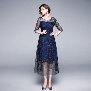 Elbow-sleeve Embroidered Midi Prom Dress