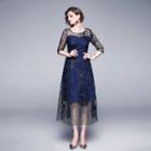 Elbow-sleeve Embroidered Midi Prom Dress
