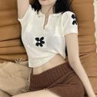 Short-sleeve Collar Flower Print Knit Top Off-white - One Size