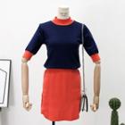 Set: Mock-neck Knit Top + A-line Skirt Red - One Size