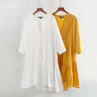 Long-sleeve Lace Trim Midi Shift Dress