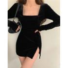 Long-sleeve Square-neck Velvet Mini Bodycon Dress