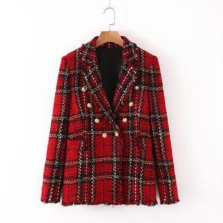 Fringed Double-breasted Plaid Blazer