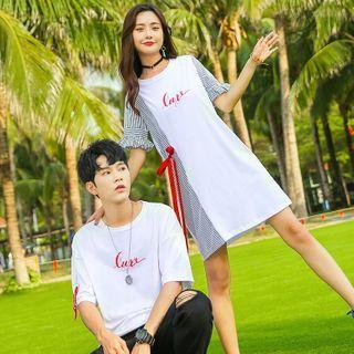 Couple Matching Set: Elbow-sleeve Lettering Print T-shirt + Paneled A-line Dress