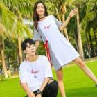 Couple Matching Set: Elbow-sleeve Lettering Print T-shirt + Paneled A-line Dress