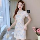 Short-sleeve Dotted Floral Print Mini Sheath Qipao Dress