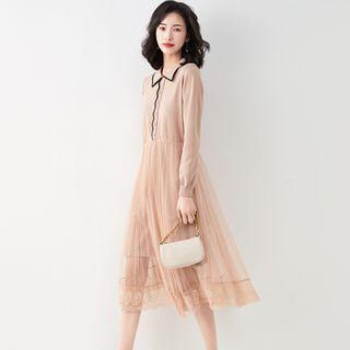 Long-sleeve Mesh Overlay Knit Midi A-line Dress Almond - One Size