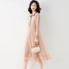 Long-sleeve Mesh Overlay Knit Midi A-line Dress Almond - One Size