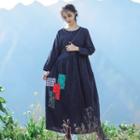 Floral Applique Long-sleeve Midi A-line Dress