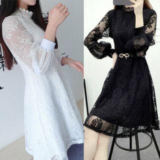 Mock-neck Long-sleeve Lace A-line Dress