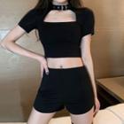 Buckled Choker-neck Short-sleeve T-shirt / Hot Pants