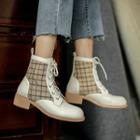 Plaid Panel Block-heel Lace-up Ankle Boots