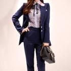 Set: Contrast Trim Single-breasted Blazer + Cropped Straight-fit Pants
