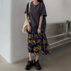 Short-sleeve Oversized T-shirt / Spaghetti Strap Flower Print Midi A-line Dress