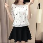 Set: Flower Embroidered Elbow Sleeve Top + Plain A-line Skirt