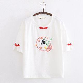Frog-button Bird Embroidered Elbow-sleeve T-shirt