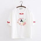 Frog-button Bird Embroidered Elbow-sleeve T-shirt
