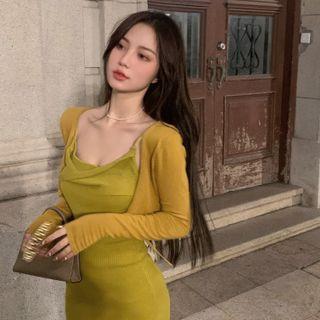 Spaghetti-strap Midi Sheath Dress / Cropped Cardigan