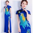 Short-sleeve Peacock Embroidered Maxi Qipao