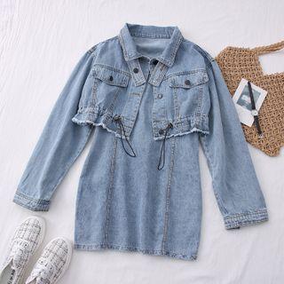 Set: Drawstring Denim Cropped Jacket + Denim Sleeveless Mini Dress