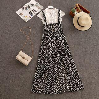 Set: Strappy Midi A-line Dress + Short-sleeve Lace Top
