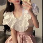Short-sleeve V-neck Frill Trim Crop Top White - One Size