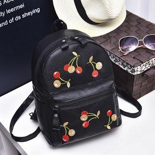 Embroidered Faux Leather Backpack Cherry - One Size
