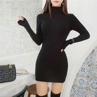 Mock Neck Long-sleeve Mini Sheath Knit Dress