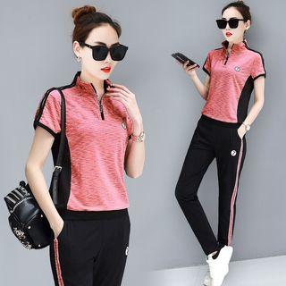 Set: Half Zip Short-sleeve T-shirt + Striped Trim Sweatpants