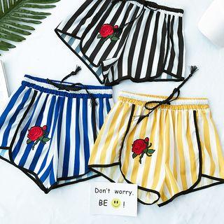 Flower Embroidered Striped Loose-fit Shorts