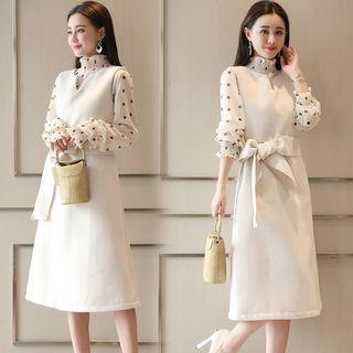 Set: Spot Print Long-sleeve Blouse + Sleeveless A-line Midi Dress