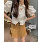 Puff-sleeve Cutout Heart Blouse / High-waist Pleated Mini Skirt