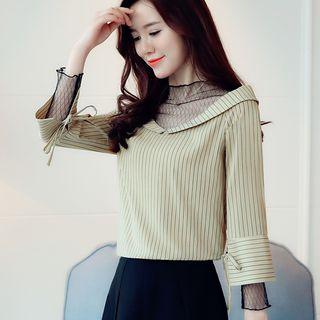 Mesh Panel Pinstriped Long-sleeve Blouse
