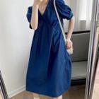 Short-sleeve V-neck Denim Midi A-line Dress