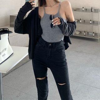 Plain Cardigan / Sleeveless Top / Ripped Jeans