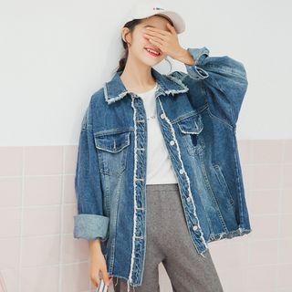 Fringed Trim Loose-fit Denim Jacket