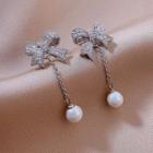 Bow Rhinestone Faux Pearl Dangle Earring 1 Pair - White Faux Pearl - Silver - One Size