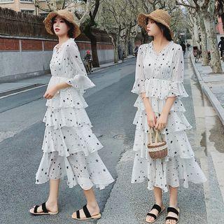Bell-sleeve Star Patterned Midi Layered Dress
