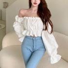 Off-shoulder Ruffle-trim Floral Crop Blouse