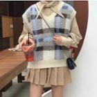 Plaid Knit Vest / Tie-neck Shirt / Mini Pleated Skirt