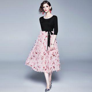 Mock Two-piece 3/4-sleeve Midi A-line Dress