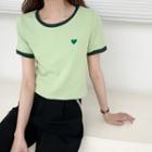 Short-sleeve Heart Embroidered Cropped Ringer T-shirt