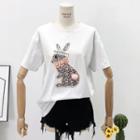 Loose-fit Rabbit-embroidered T-shirt White - One Size