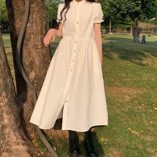 Puff-sleeve Plain Midi A-line Dress White - One Size