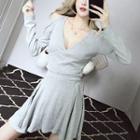 Set: Cold Shoulder Long-sleeve Deep V Neck Top + Mini A-line Skirt
