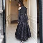 Set: Cold Shoulder Long-sleeve Knit Top + Sequined Maxi A-line Skirt Top - Black - S / Skirt - Black - S
