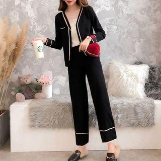 Set: Heart Accent Cardigan + Knit Pants Black - One Size