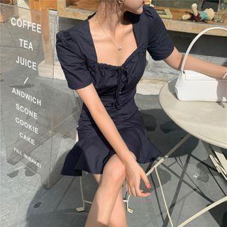 Short-sleeve Plain A-line Dress Navy Blue - One Size