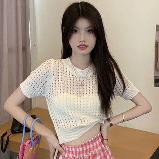 Short-sleeve Round Neck Perforated Crop Knit Top